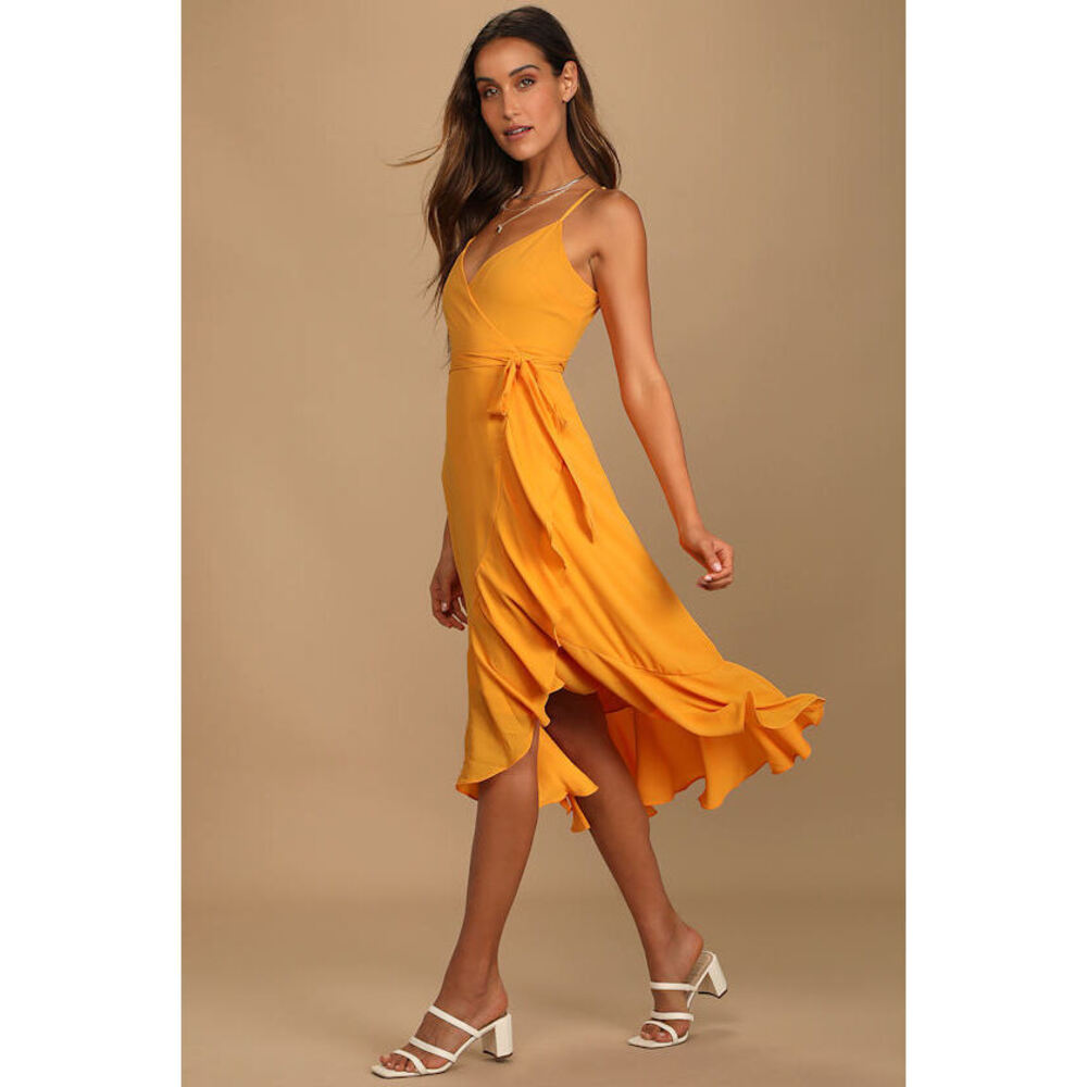 Lulus Manhattan Moment Bright Orange Ruffled Midi Wrap Dress